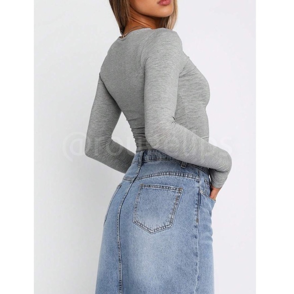 Grey Long Sleeve Crop Top Tee Shirt Round Neck - Picture 4 of 7